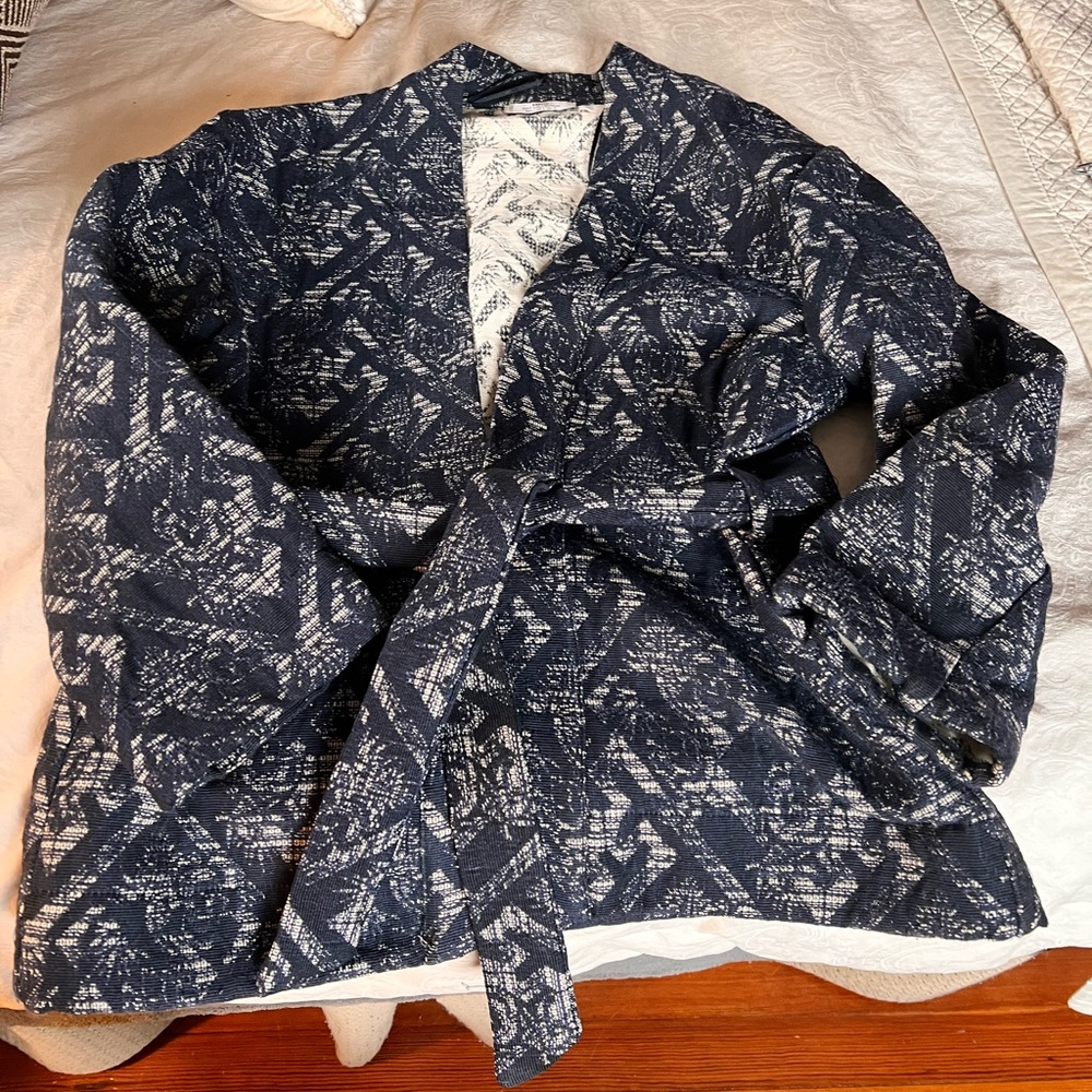 MANGO MNG Navy & White Woven Kimono Belted Jacket